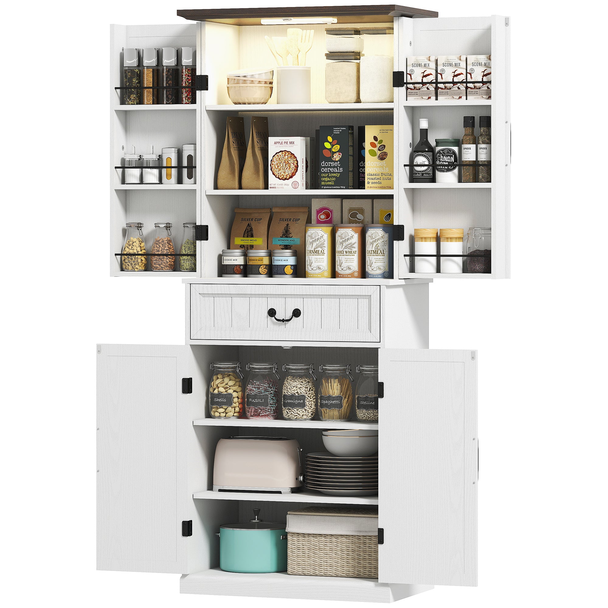 71 LED Kitchen Pantry Cabinet, Farmhouse Storage Cabinet With Door Shelves, Distressed White