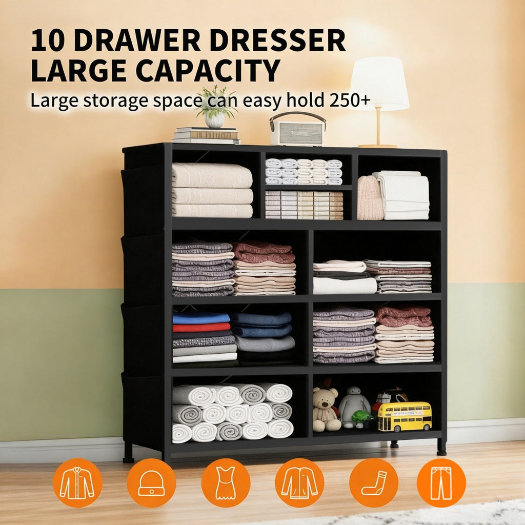 10-Drawer Dresser With Side Pocket & Hooks, Storage Cabinet With Wood Top For Bedroom Closet Organization
