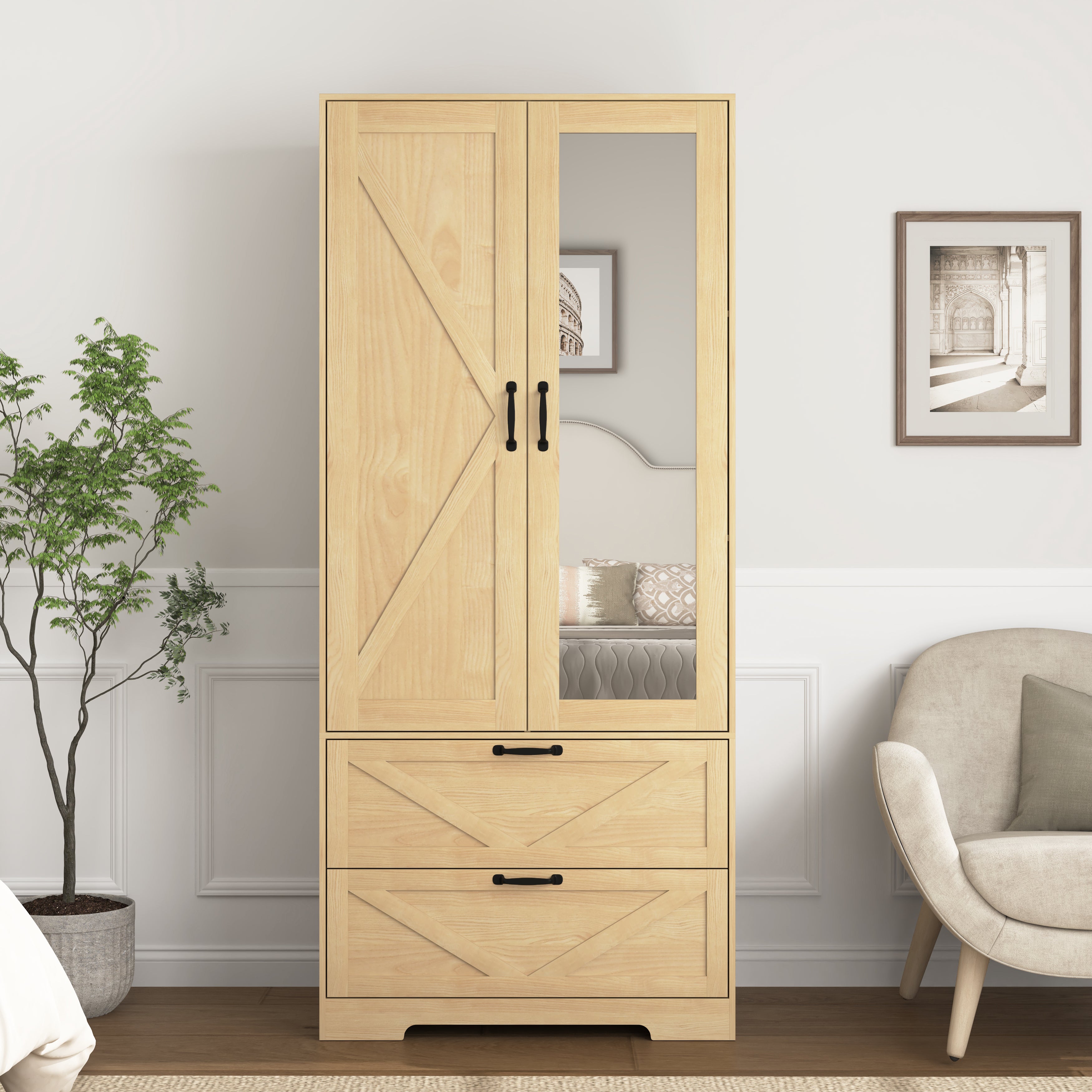2 Door Wood Wardrobe For Bedroom With Hanging Clothing Rod Inside The Cabinet And 2 Drawers For Storage Organization, Built-in Induction Light Multifunctional Closet With Mirror, Natural