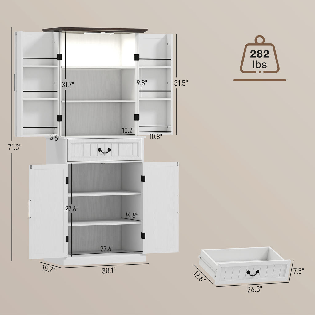 71 LED Kitchen Pantry Cabinet, Farmhouse Storage Cabinet With Door Shelves, Distressed White