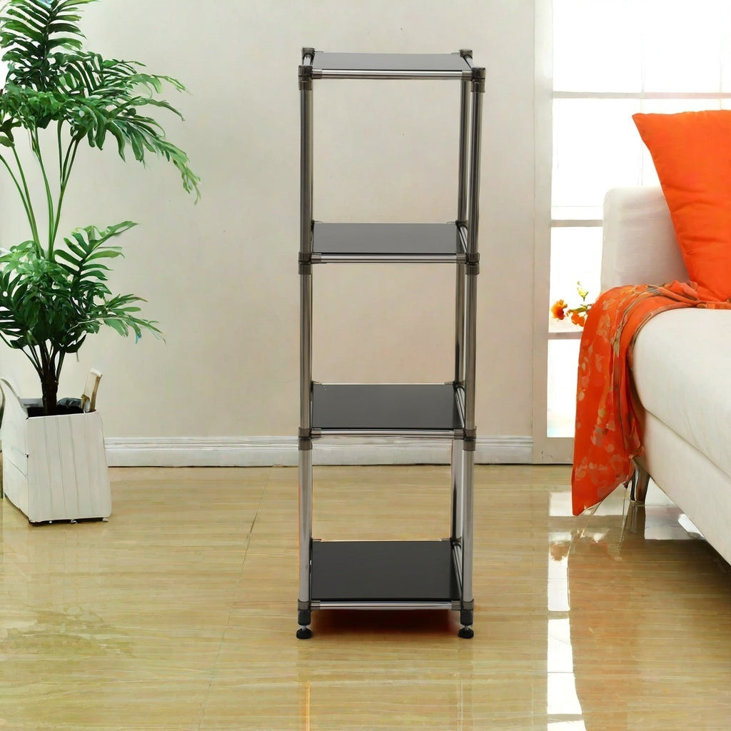 Korean Black 4-Tier Heavy Duty Stainless Steel Storage Shelving Unit, 100lbs Shelf 49 H X 14.9 W X 13.7D For IndoorOutdoor Organization , Modular Rack,  Extremely Durabl