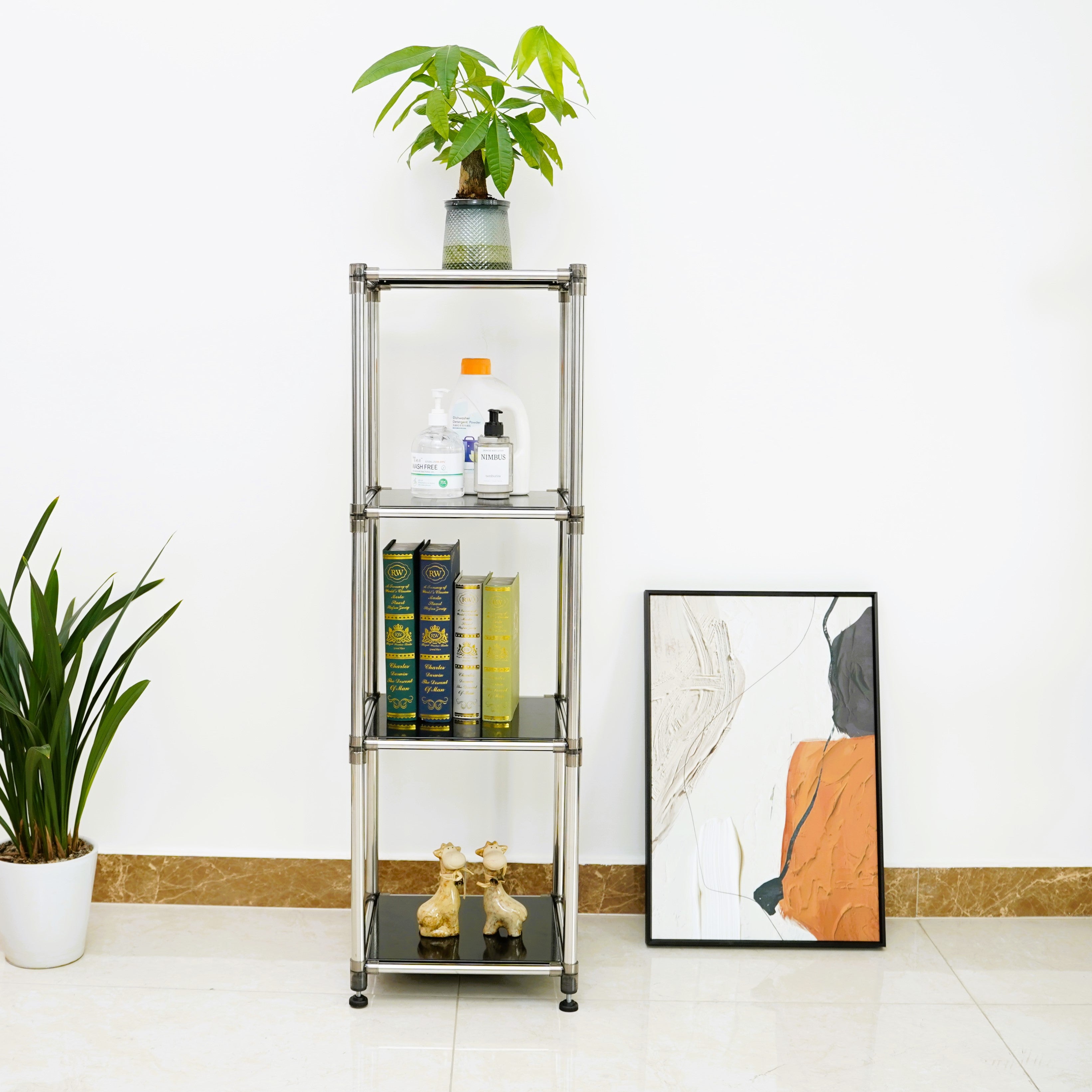 Korean Black 4-Tier Heavy Duty Stainless Steel Storage Shelving Unit, 100lbs Shelf 49 H X 14.9 W X 13.7D For IndoorOutdoor Organization , Modular Rack,  Extremely Durabl