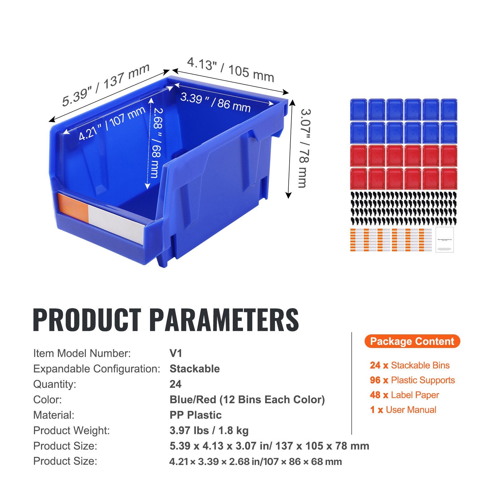 Plastic Storage Bin,Hanging Stackable Storage Organizer Bin, Blue Red, 24-Pack, Heavy Duty Stacking Containers For Closet, Kitchen, Office, Or Pantry Organization