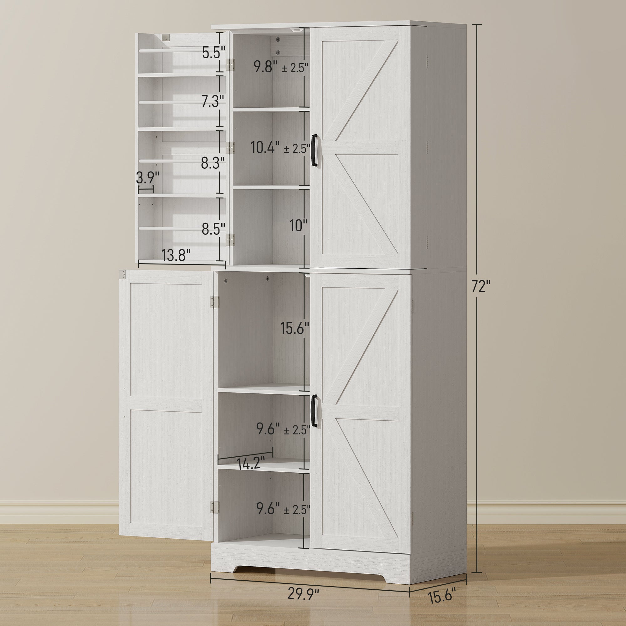 Farmhouse Kitchen Pantry, 72 Tall Pantry Cabinet With 4 Barn Doors, 4 Adjustable Shelves And 8 Door Shelves, White