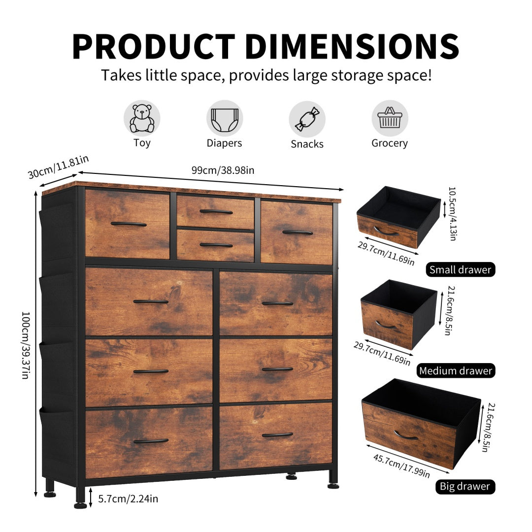 10-Drawer Dresser With Side Pocket & Hooks, Storage Cabinet With Wood Top For Bedroom Closet Organization
