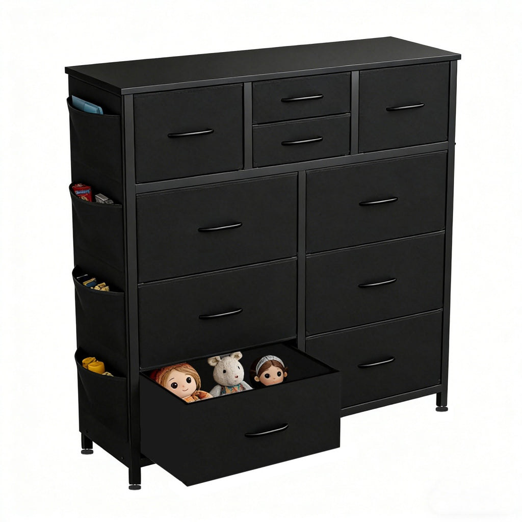 10-Drawer Dresser With Side Pocket & Hooks, Storage Cabinet With Wood Top For Bedroom Closet Organization
