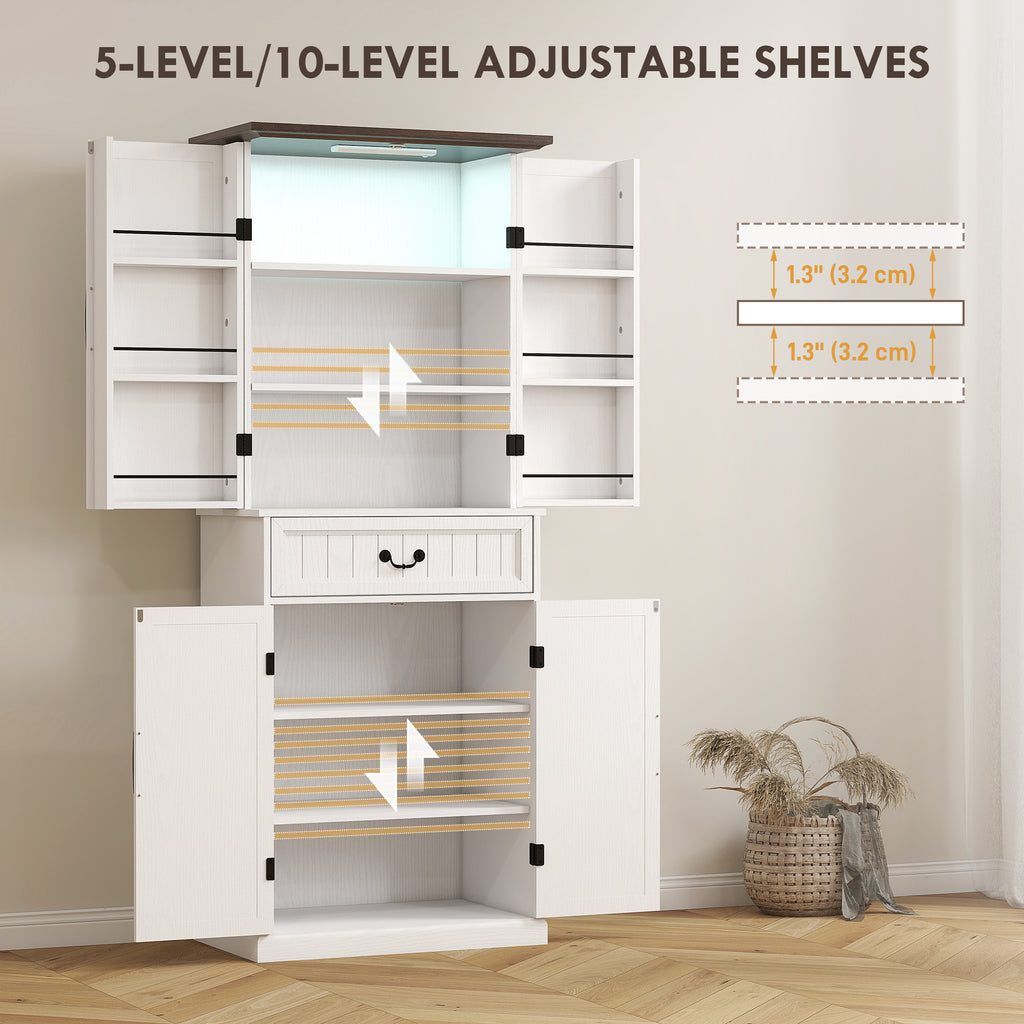 71 LED Kitchen Pantry Cabinet, Farmhouse Storage Cabinet With Door Shelves, Distressed White