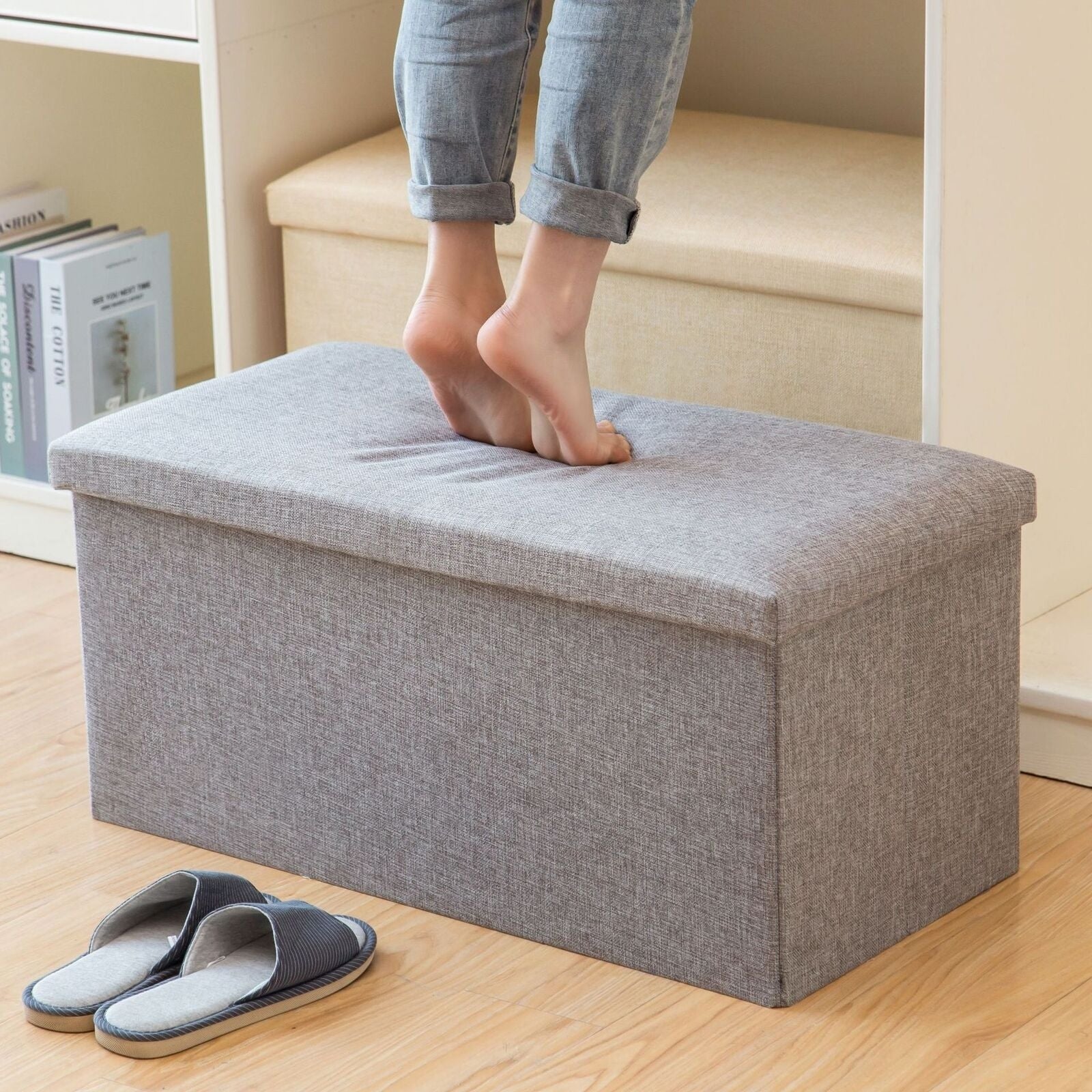 40x25x25cm Foldable Ottoman Storage Box With Padded Seat - Versatile Foot Stool, Toy Storage, And Home Bench Storage & Home Organization